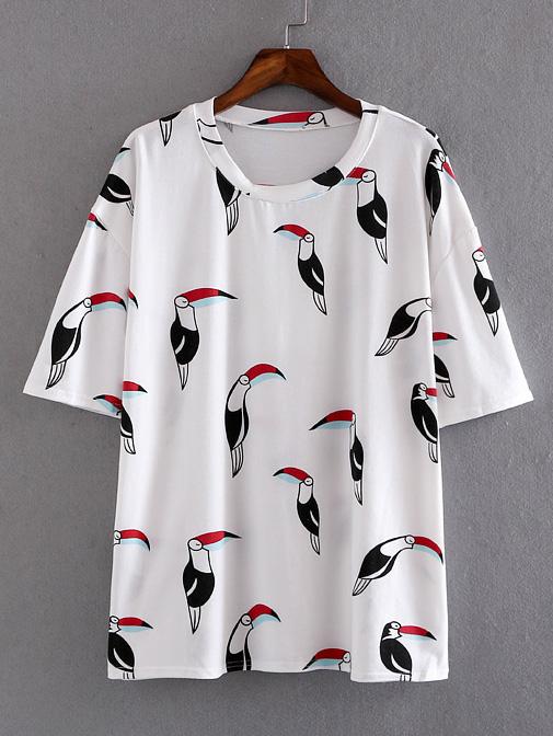 Shein White Woodpecker Letter Printed T-shirt