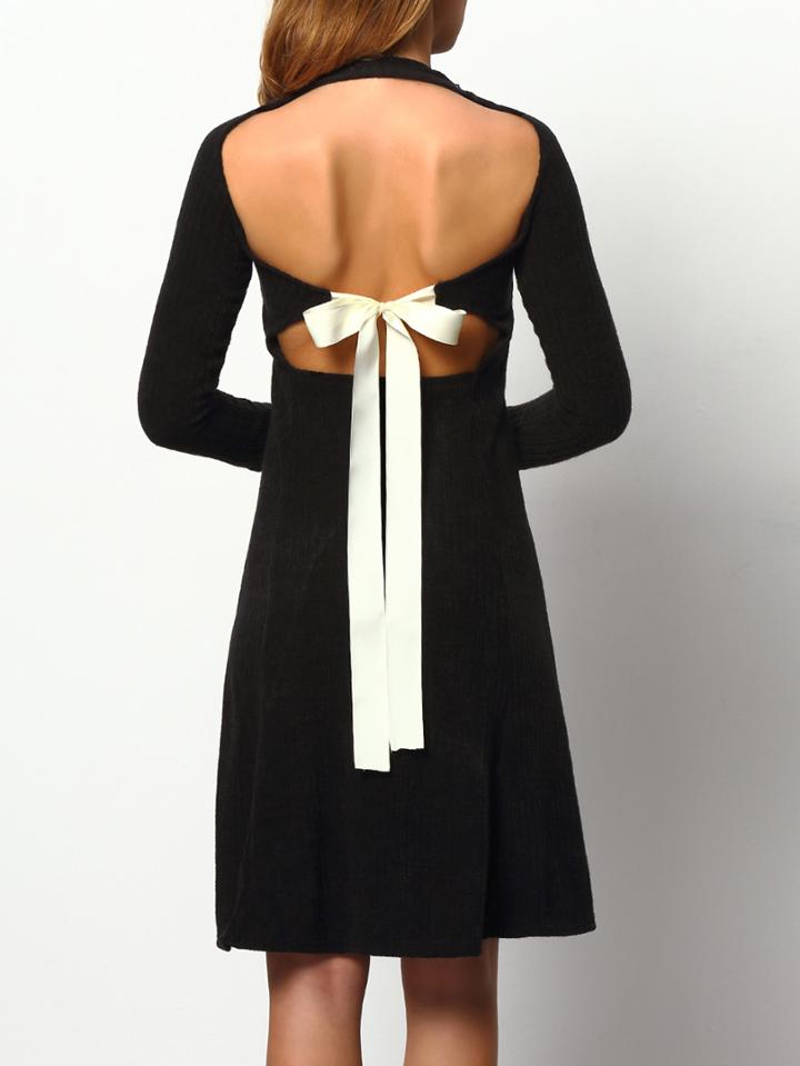 Shein Black Long Sleeve Backless Bow Back Dress