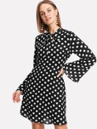 Shein Trumpet Sleeve Tied Neck Polka Dot Dress