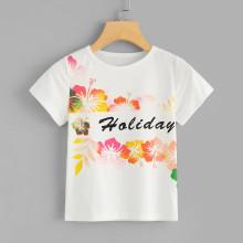 Shein Girls Flower And Letter Print Tee