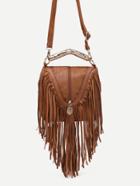 Shein Brown Zip Embellished Fringe Trim Flap Bag