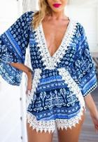 Shein Blue V Neck Lace Trims Loose Jumpsuit