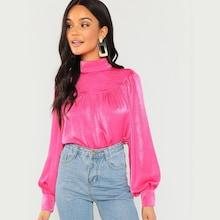 Shein High Neck Bishop Sleeve Satin Top