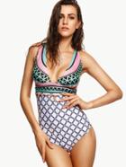 Shein Multicolor Geo Print Cutout Crisscross One Piece Swimwear