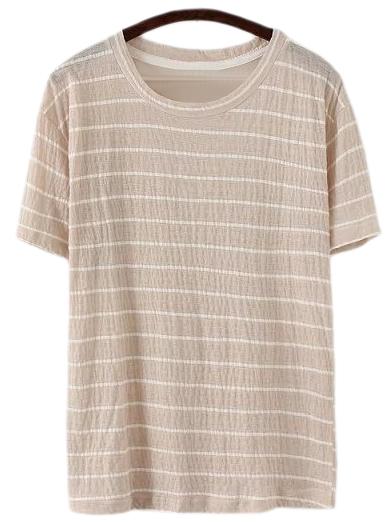 Shein Light Coffee Short Sleeve Round Neck Stripe T-shirt