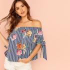 Shein Stripe And Floral Print Knotted Cuff Top