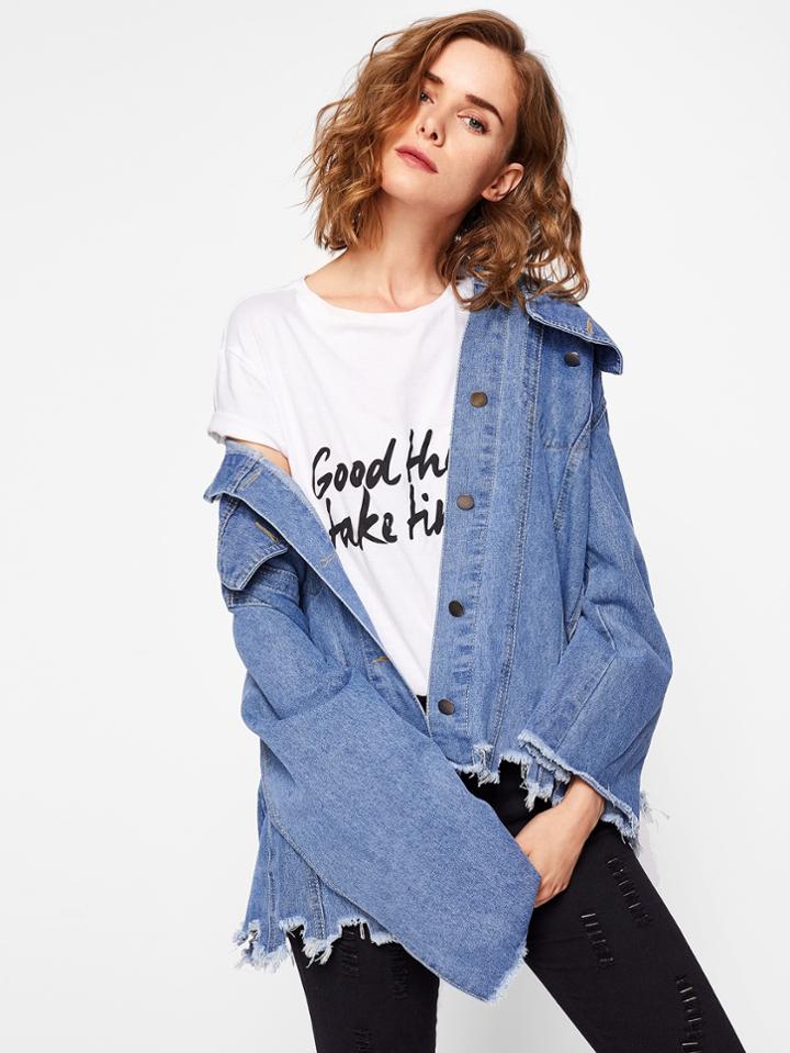 Shein Frayed Trim Ripped Bleach Wash Denim Jacket