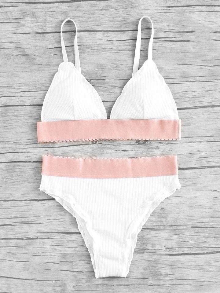 Shein Contrast Band Ribbed Triangle Bikini Set