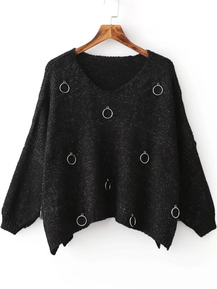 Shein Black Ring Embellished V Neck Slit Drop Shoulder Sweater