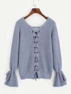 Shein Grommet Lace Up Back Ruff Tied Cuff Sweater