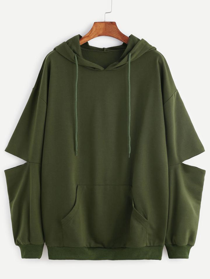 Shein Army Green Drop Shoulder Elbow Cutout Hooded Pocket Sweatshirt