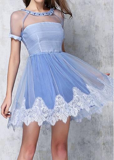 Rosewe Mesh Splicing Short Sleeve Light Blue Skater Dress