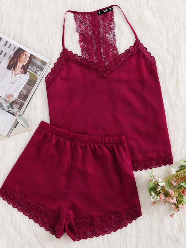 Shein Lace Racerback Cami And Shorts Pajama Set