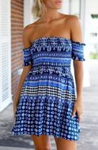 Shein Blue Off The Shoulder Folk Ethnic Charming Nice Bonny Glamour Print Beach Dress