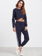Shein Navy Side Striped Crop Sweatshirt With Drawstring Pants