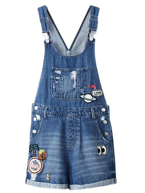 Shein Blue Pockets Sequined Embroidery Denim Straps Romper