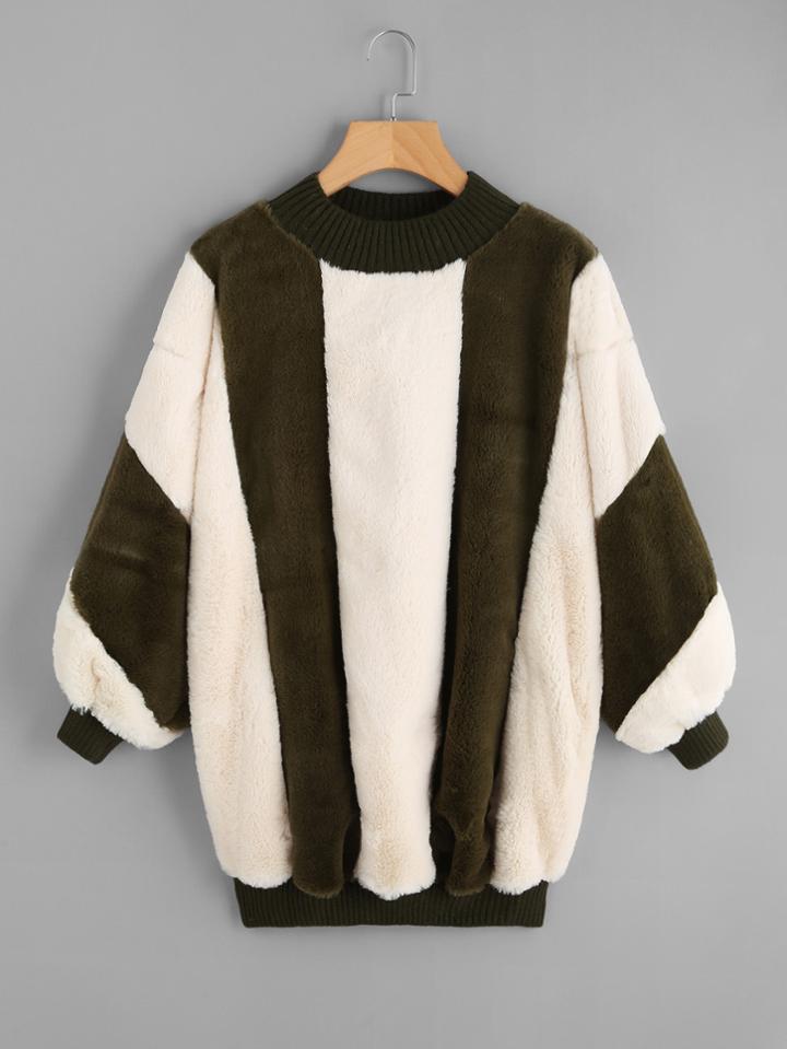 Shein Two Tone Striped Fuzzy Pullover