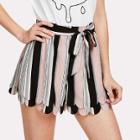 Shein Self Tie Waist Layered Scallop Hem Striped Shorts