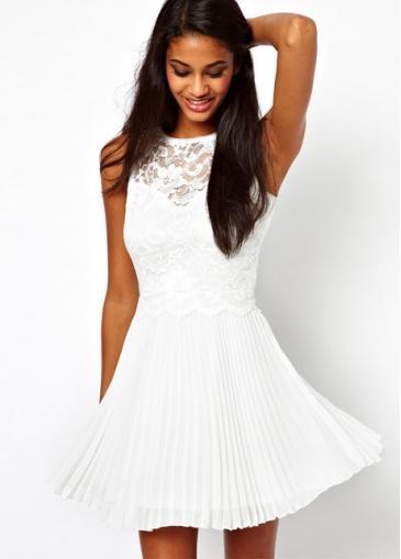 Rosewe Pure Lace Splicing Cutout Pleated A Line Dress White | LookMazing