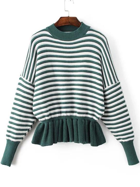 Shein Green Striped Crew Neck Peplum Sweater