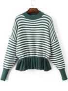 Shein Green Striped Crew Neck Peplum Sweater