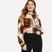 Shein Plus Random Scarf Print Bow Detail Blouse