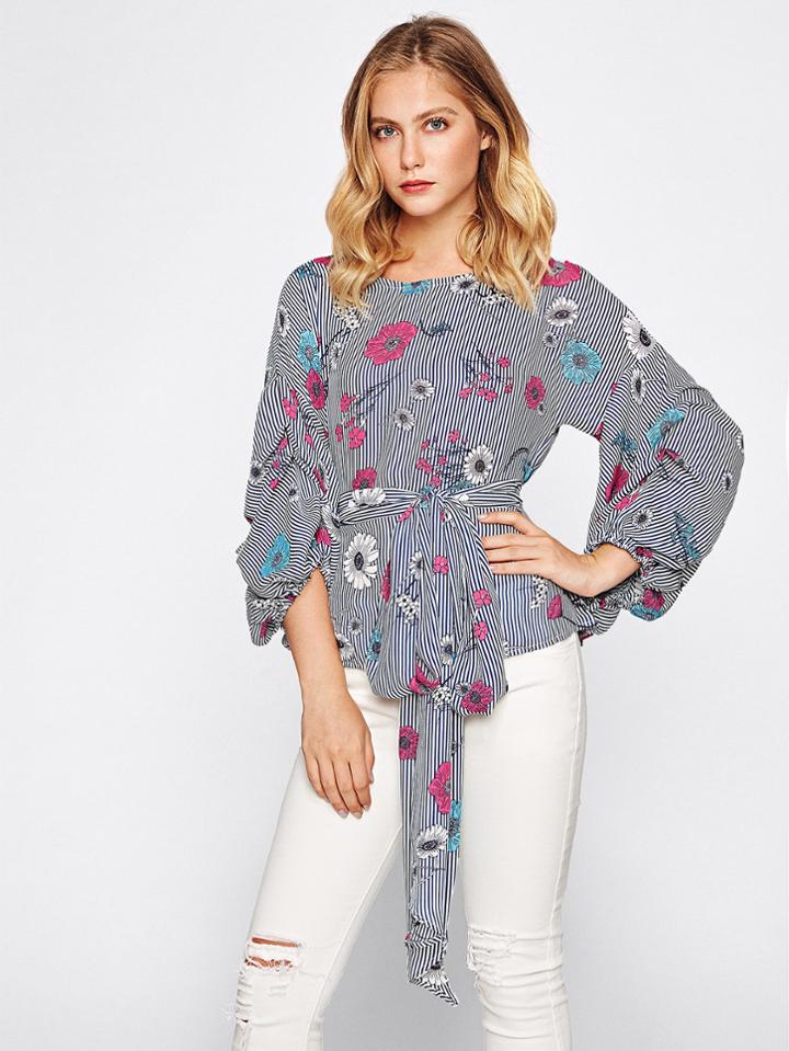 Shein Gathered Sleeve Self Tie Mixed Print Top