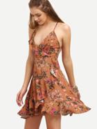 Shein Multicolor Floral Print Lace-up Back Ruffle Dress