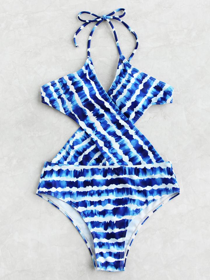 Shein Tie Dye Striped Backless Crossover Halter Monokini