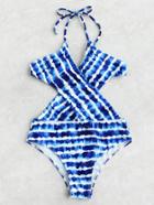 Shein Tie Dye Striped Backless Crossover Halter Monokini