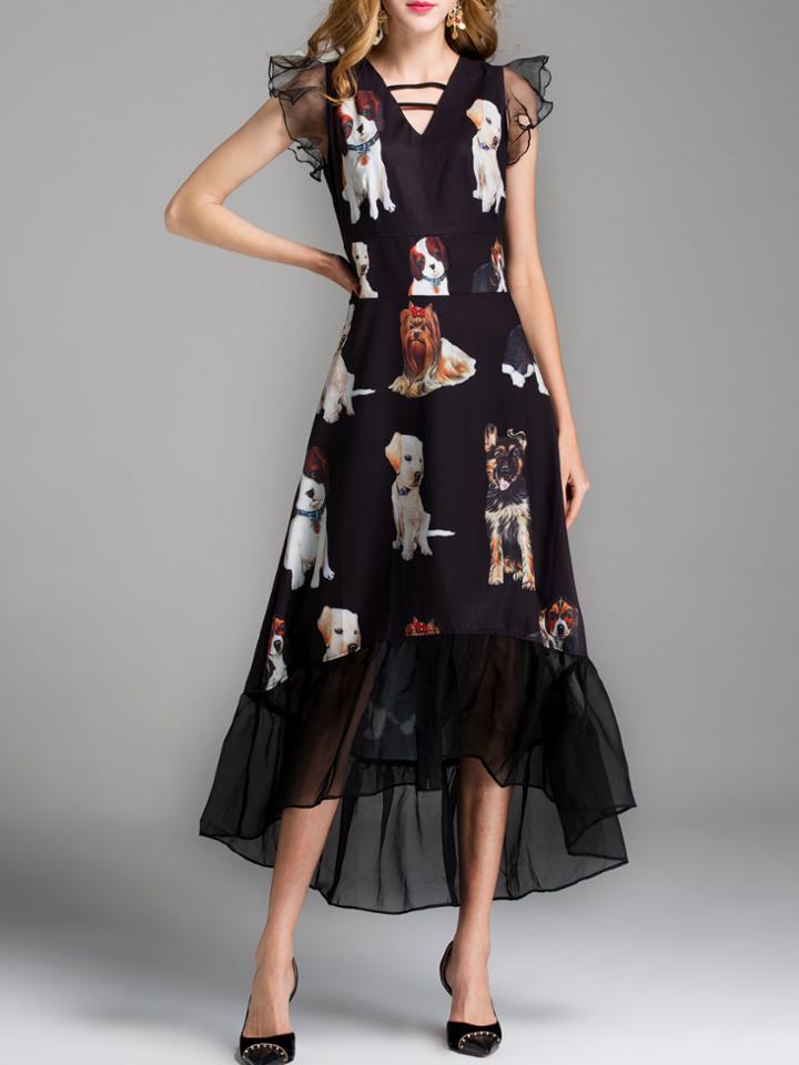 Shein Dogs Print Ruffle Sleeve High Low Dress