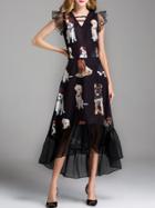 Shein Dogs Print Ruffle Sleeve High Low Dress
