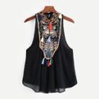 Shein Geo Embroidered Tassel Trim Top