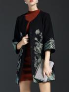 Shein Black Flowers Embroidered Pockets Coat