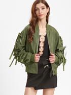 Shein Olive Green Bow Embellished Shirred Sleeve Bomber Jacket