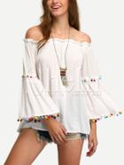 Shein White Off The Shoulder Colored Pompom Trim Blouse