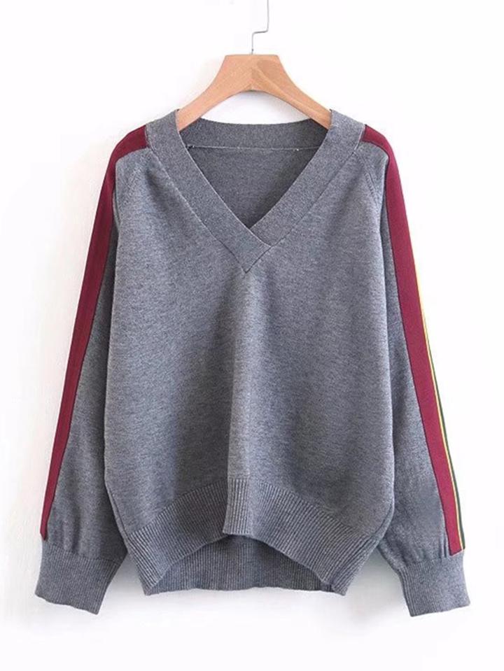Shein Contrast Striped Tape Raglan Sleeve Sweater
