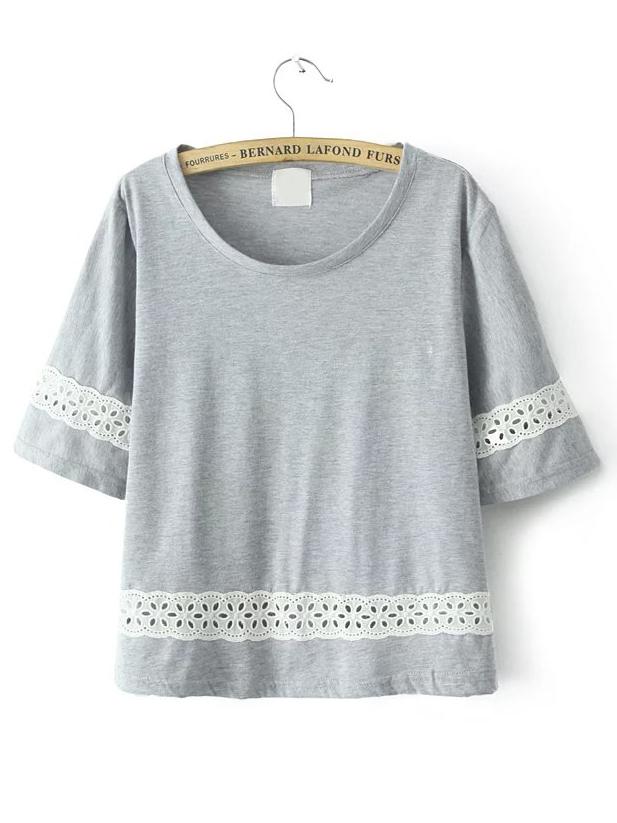 Shein Grey Round Neck Hollow Crop T-shirt