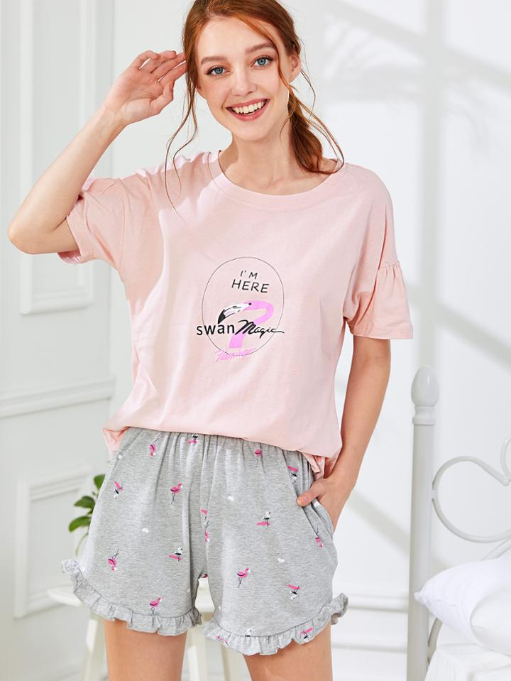 Shein Flamingo Print Tee & Frill Hem Shorts Pj Set