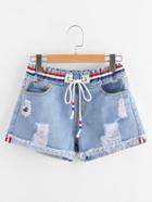 Shein Ripped Cuffed Striped Tape Detail Denim Shorts