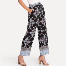 Shein Ornate Print Pocket Side Wide Leg Pants