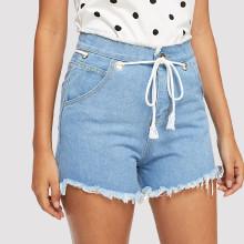 Shein Frayed Hem Drawstring Denim Shorts