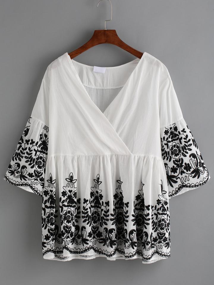 Shein V Neck Embroidery Bell Sleeve Wrap Blouse
