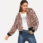 Shein Zip Up Leopard Print Hooded Teddy Jacket