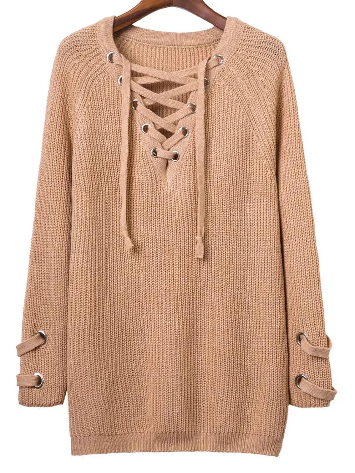Shein Grommet Lace Up V Cut Knit Dress