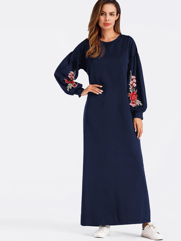 Shein Balloon Sleeve Embroidered Applique Dress