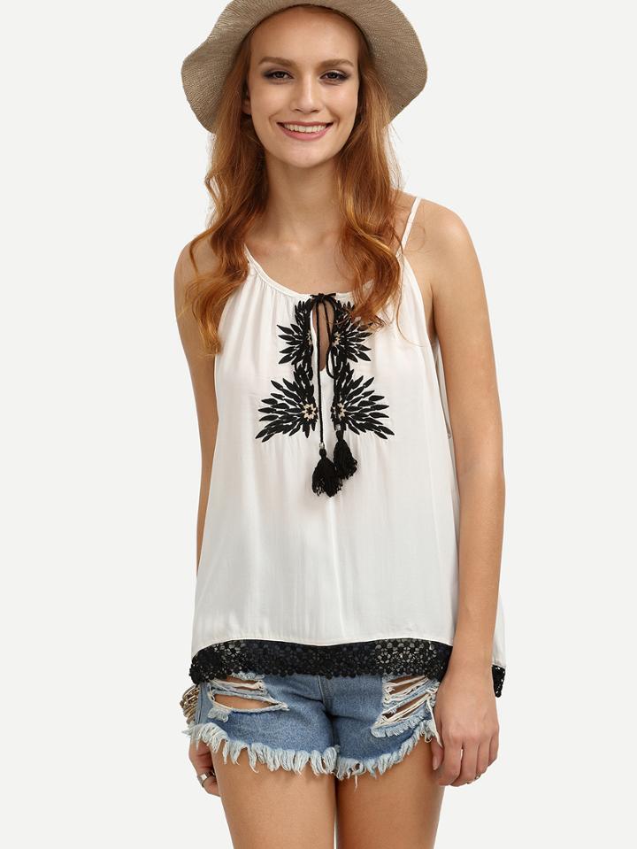 Shein White Tassel Tie Front Crochet Hem Cami Top
