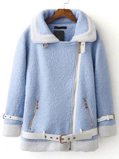 Shein Blue Contrast Trim Oblique Zipper Coat With Belt