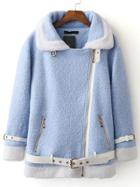 Shein Blue Contrast Trim Oblique Zipper Coat With Belt