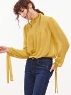 Shein Yellow Tied Ruffle Collar And Sleeve Dot Jacquard Top